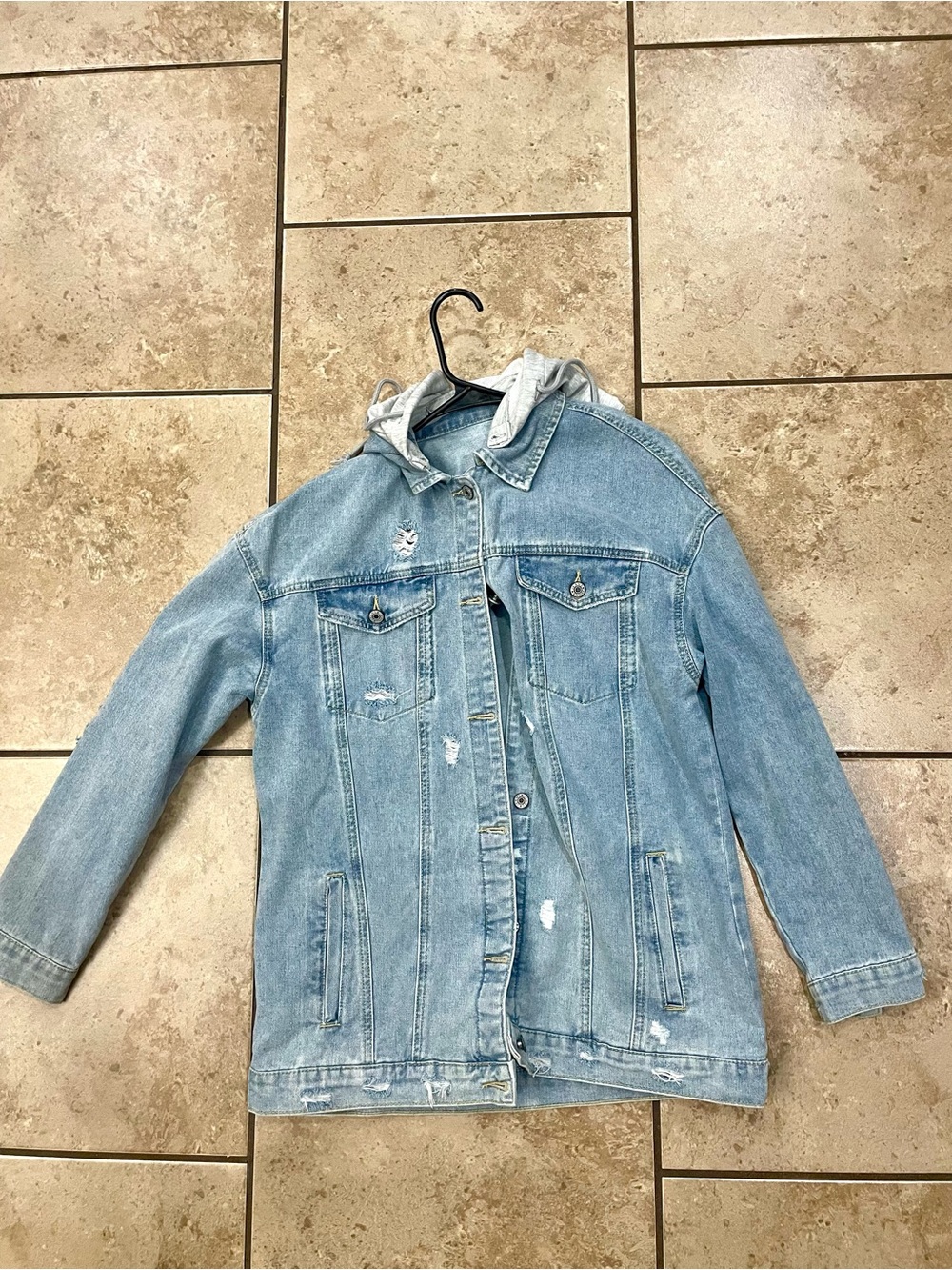Light Blue Distressed Denim Jacket with Hooded Insert